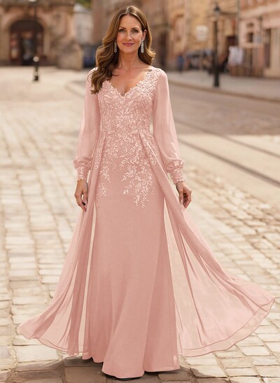 A-Line V-Neck Long Sleeves Floor-Length Chiffon Mother Of The Bride Dresses With Lace