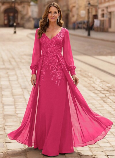 A-Line V-Neck Long Sleeves Floor-Length Chiffon Mother Of The Bride Dresses With Lace