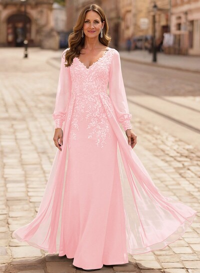 A-Line V-Neck Long Sleeves Floor-Length Chiffon Mother Of The Bride Dresses With Lace