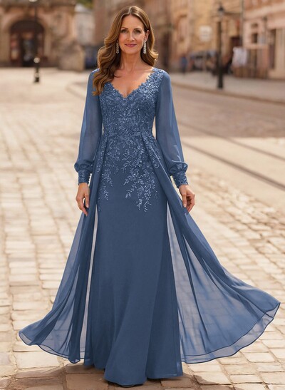 A-Line V-Neck Long Sleeves Floor-Length Chiffon Mother Of The Bride Dresses With Lace