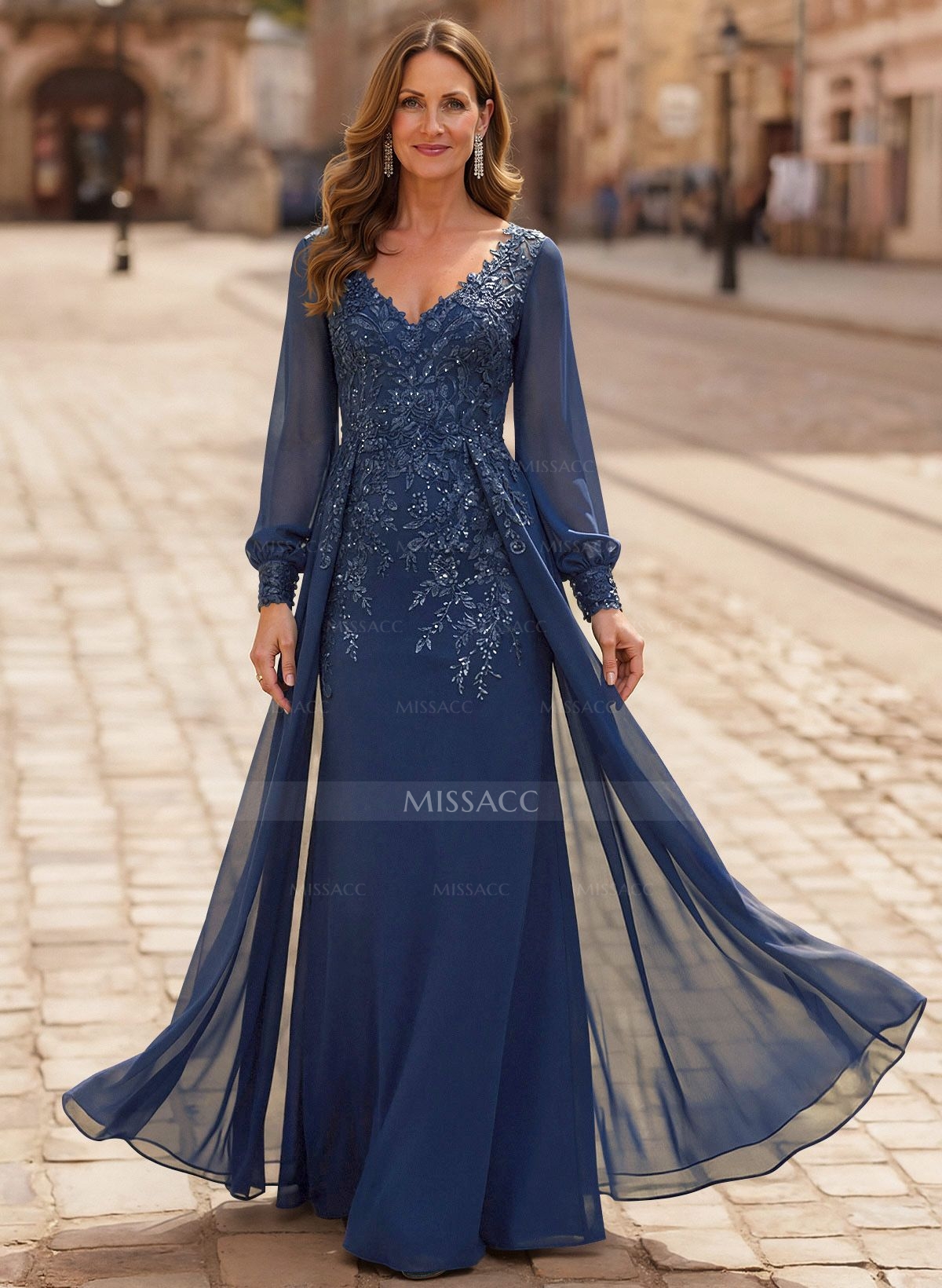 A-Line V-Neck Long Sleeves Floor-Length Chiffon Mother Of The Bride Dresses With Lace