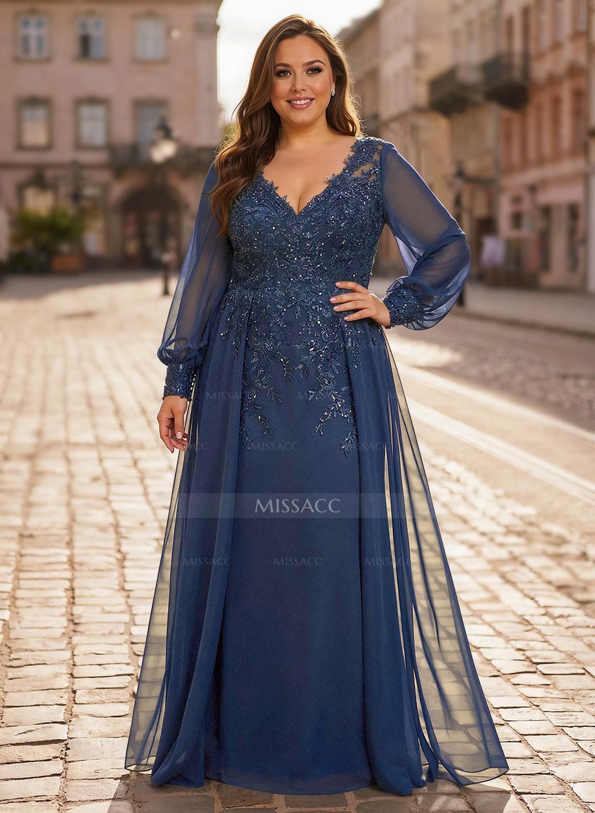 A-Line V-Neck Long Sleeves Floor-Length Chiffon Mother Of The Bride Dresses With Lace