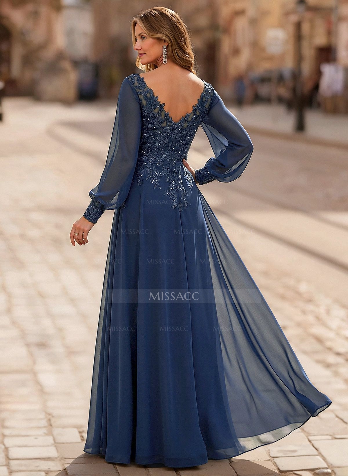 A-Line V-Neck Long Sleeves Floor-Length Chiffon Mother Of The Bride Dresses With Lace