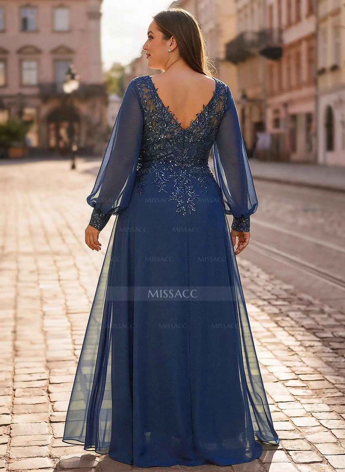 A-Line V-Neck Long Sleeves Floor-Length Chiffon Mother Of The Bride Dresses With Lace - Missacc A-Line V-Neck Long Sleeves Floor-Length Chiffon Mother Of The Bride Dresses With Lace - Missacc