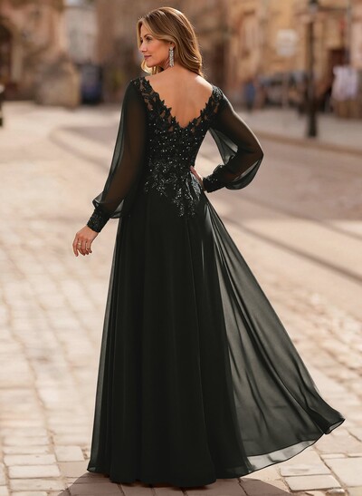 A-Line V-Neck Long Sleeves Floor-Length Chiffon Mother Of The Bride Dresses With Lace