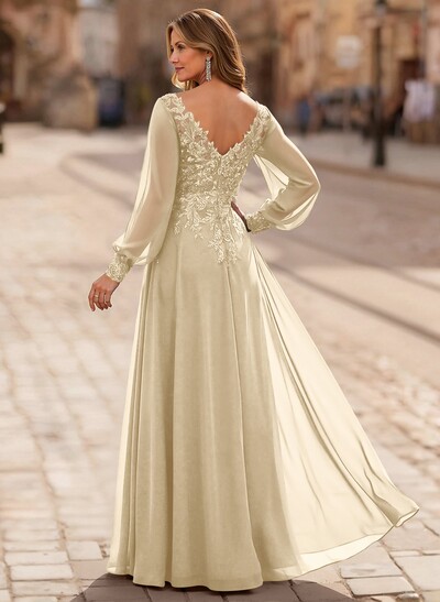 A-Line V-Neck Long Sleeves Floor-Length Chiffon Mother Of The Bride Dresses With Lace