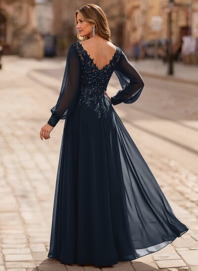 A-Line V-Neck Long Sleeves Floor-Length Chiffon Mother Of The Bride Dresses With Lace