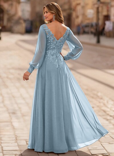 A-Line V-Neck Long Sleeves Floor-Length Chiffon Mother Of The Bride Dresses With Lace
