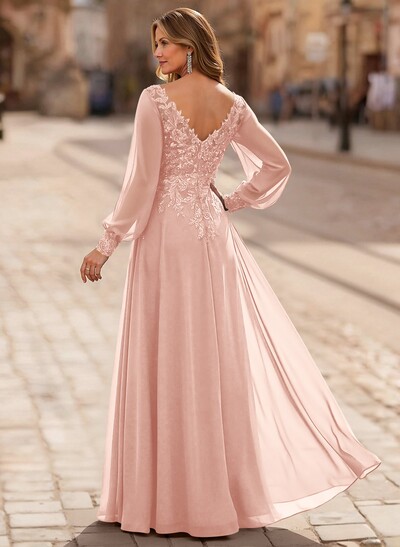 A-Line V-Neck Long Sleeves Floor-Length Chiffon Mother Of The Bride Dresses With Lace