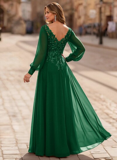 A-Line V-Neck Long Sleeves Floor-Length Chiffon Mother Of The Bride Dresses With Lace