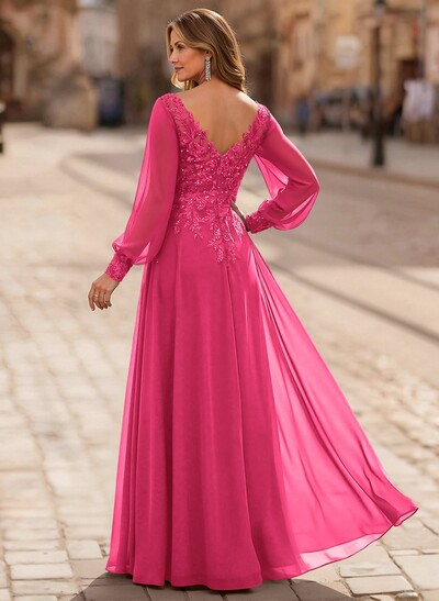 A-Line V-Neck Long Sleeves Floor-Length Chiffon Mother Of The Bride Dresses With Lace