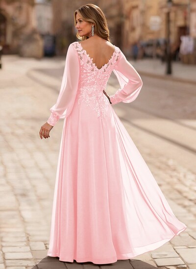 A-Line V-Neck Long Sleeves Floor-Length Chiffon Mother Of The Bride Dresses With Lace