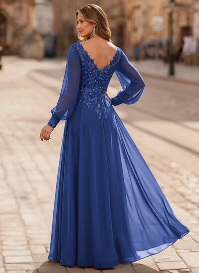 A-Line V-Neck Long Sleeves Floor-Length Chiffon Mother Of The Bride Dresses With Lace