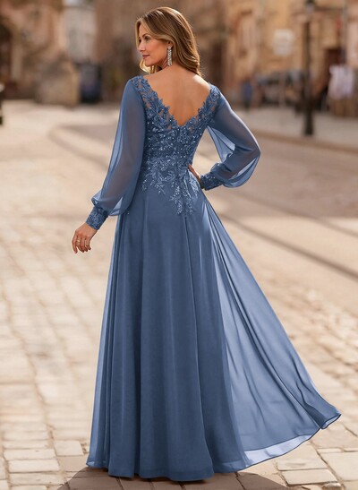 A-Line V-Neck Long Sleeves Floor-Length Chiffon Mother Of The Bride Dresses With Lace