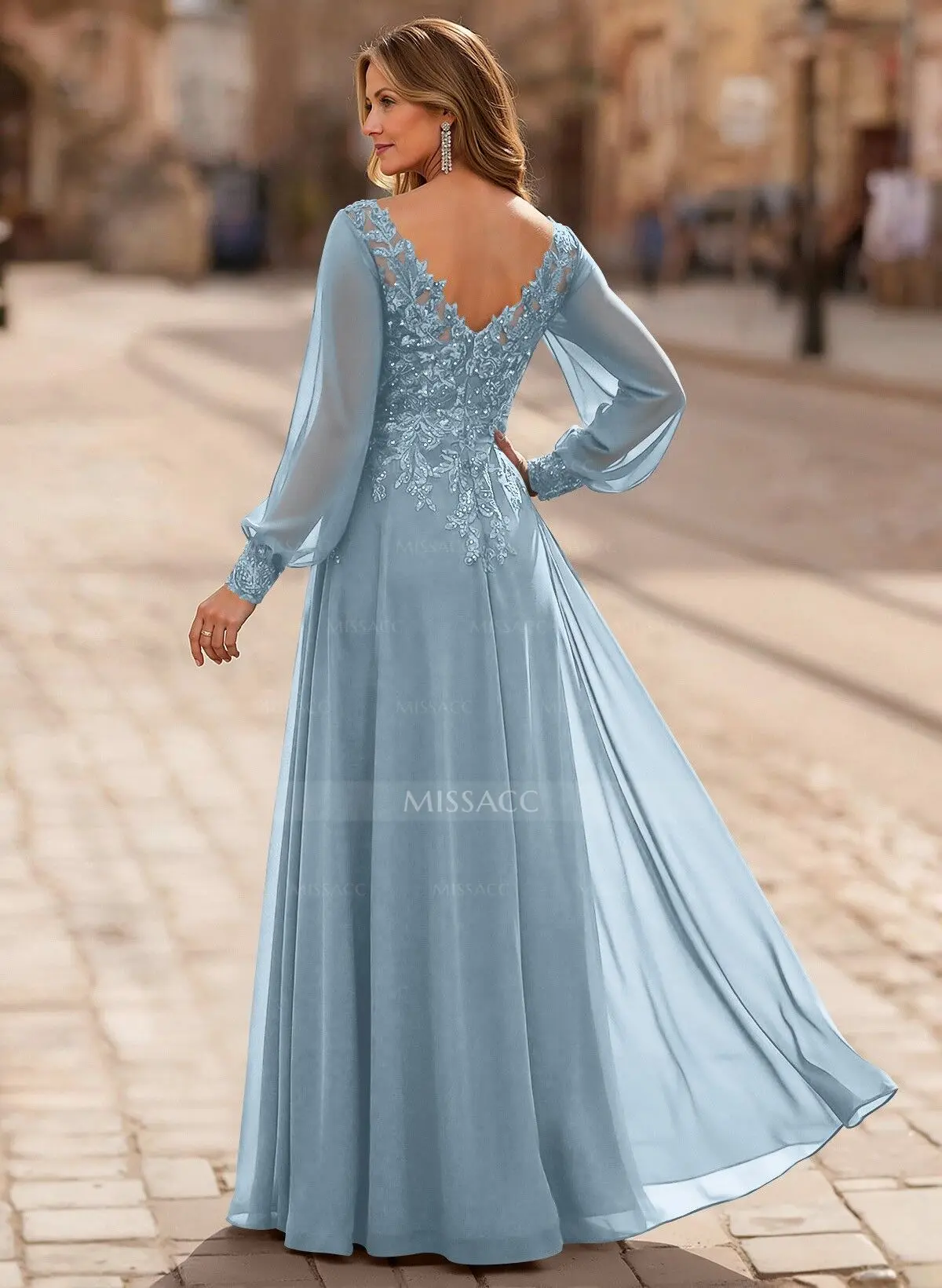 A-Line V-Neck Long Sleeves Floor-Length Chiffon Mother Of The Bride Dresses  With Lace - Missacc