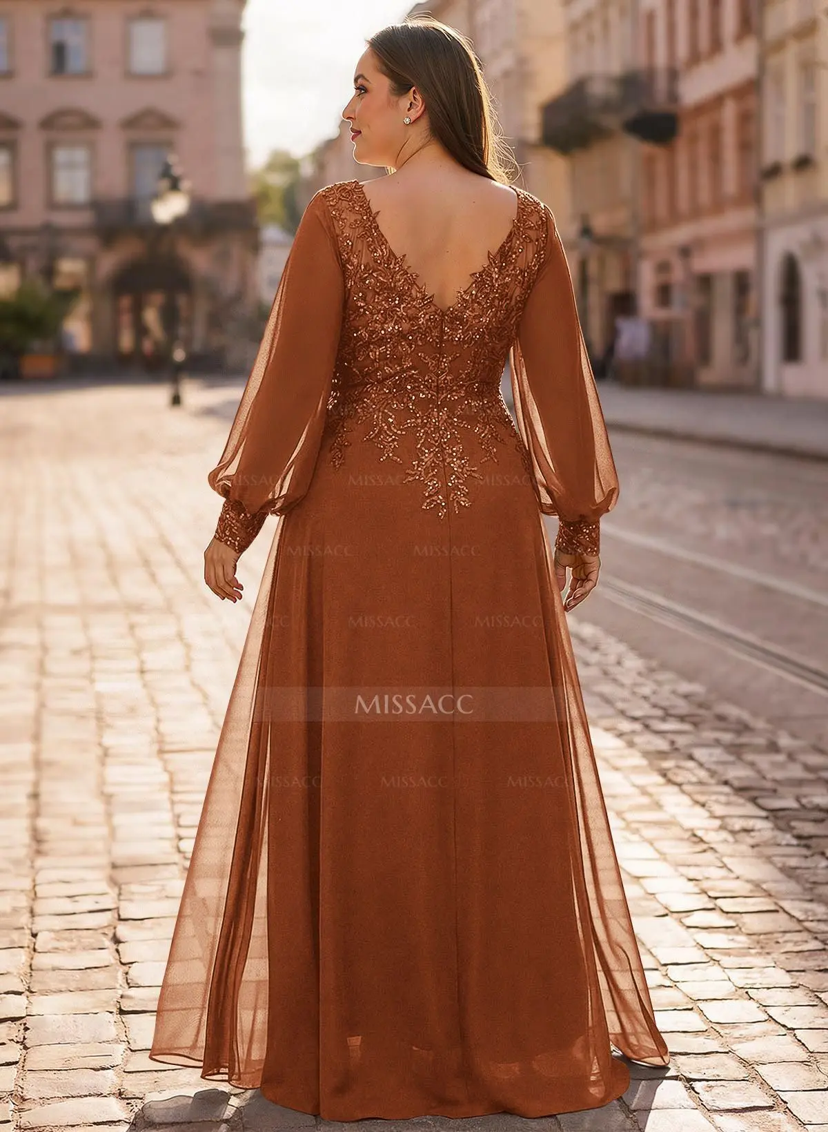 A-Line V-Neck Long Sleeves Floor-Length Chiffon Mother Of The Bride Dresses  With Lace - Missacc
