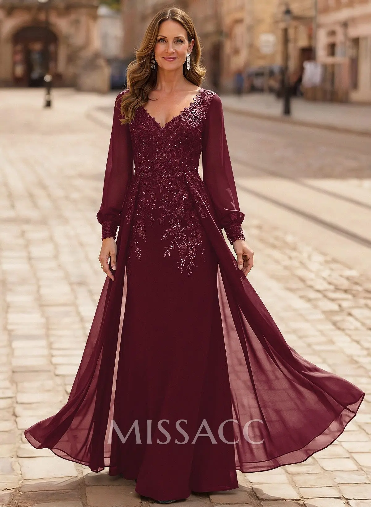 A-Line V-Neck Long Sleeves Floor-Length Chiffon Dress with Lace (SMBD12127)
