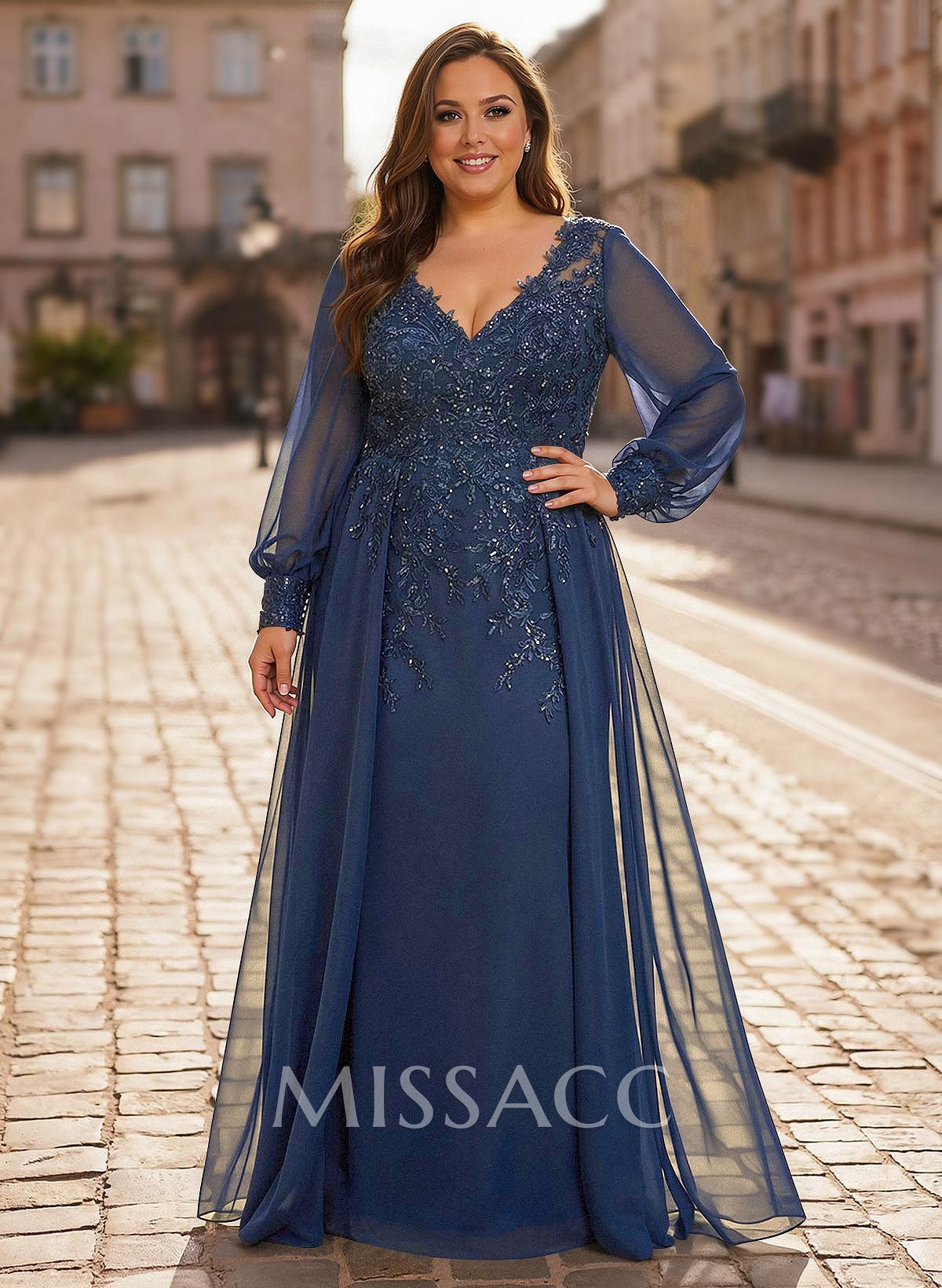 A-Line V-Neck Long Sleeves Floor-Length Chiffon Mother Of The Bride Dresses With Lace