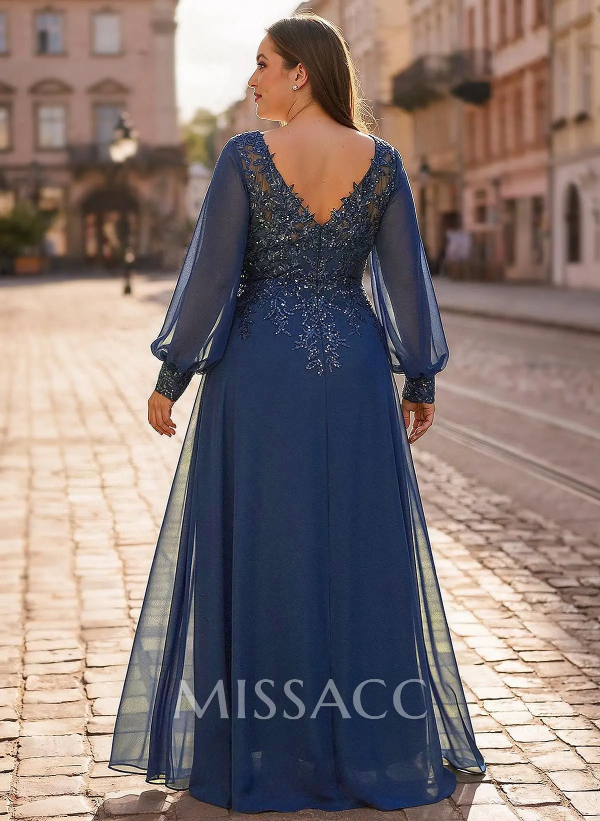 A-Line V-Neck Long Sleeves Floor-Length Chiffon Mother Of The Bride Dresses  With Lace - Missacc
