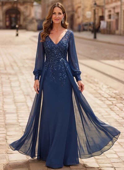 A-Line V-Neck Long Sleeves Floor-Length Chiffon Mother Of The Bride Dresses With Lace