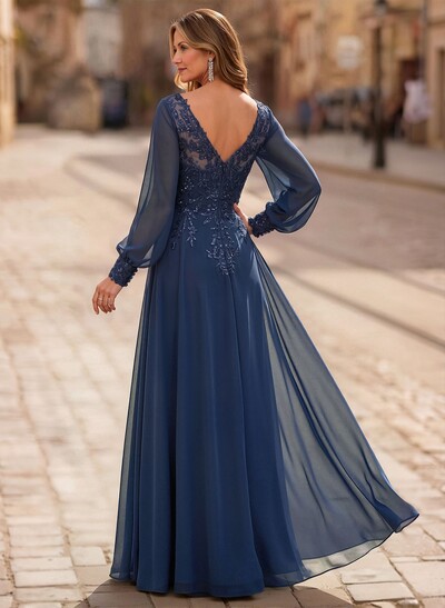 A-Line V-Neck Long Sleeves Floor-Length Chiffon Mother Of The Bride Dresses With Lace