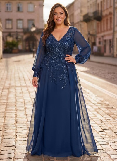 A-Line V-Neck Long Sleeves Floor-Length Chiffon Mother Of The Bride Dresses With Lace