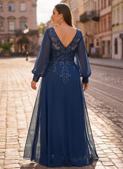 A-Line V-Neck Long Sleeves Floor-Length Chiffon Mother Of The Bride Dresses With Lace