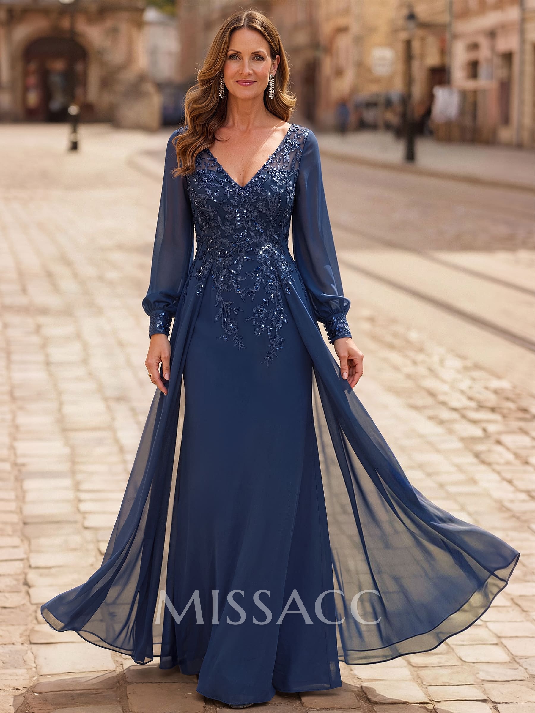 A-Line V-Neck Long Sleeves Floor-Length Chiffon Mother Of The Bride Dresses With Lace