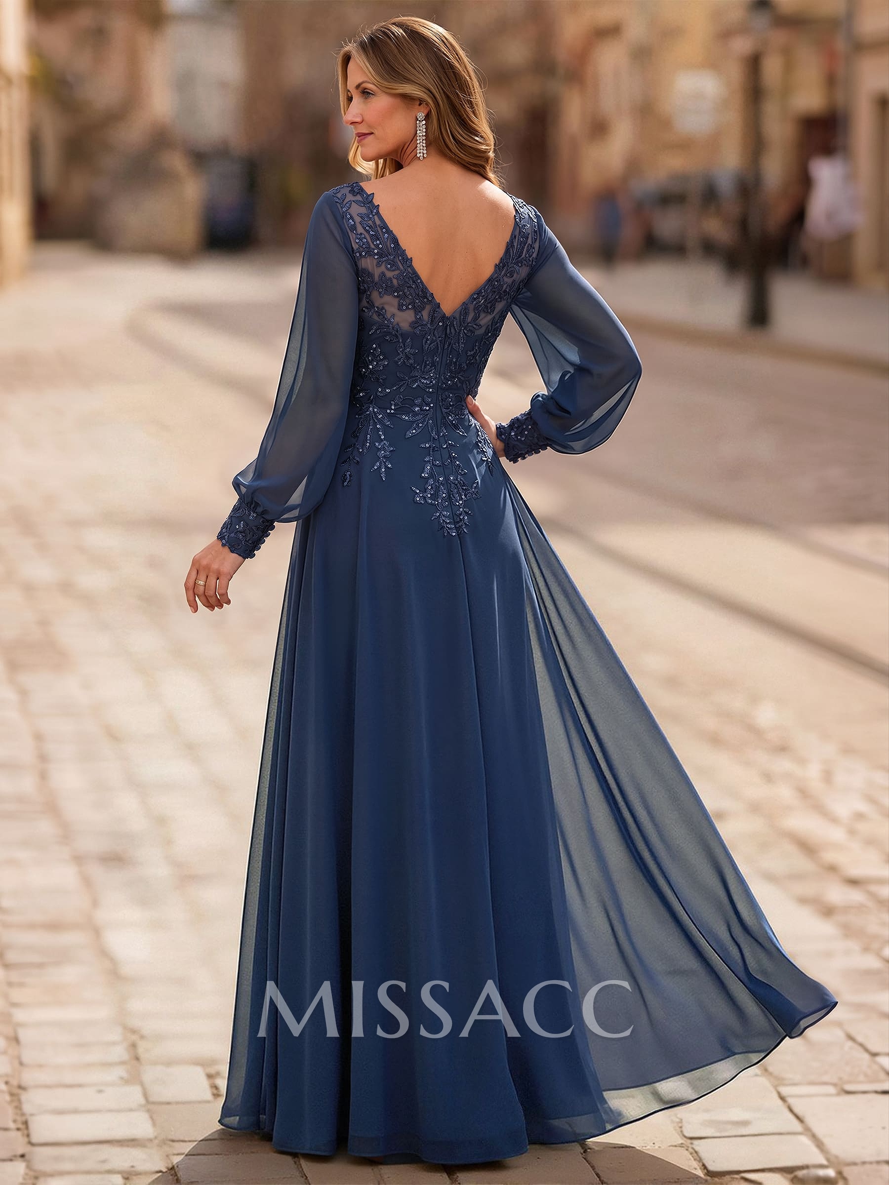 A-Line V-Neck Long Sleeves Floor-Length Chiffon Mother Of The Bride Dresses With Lace