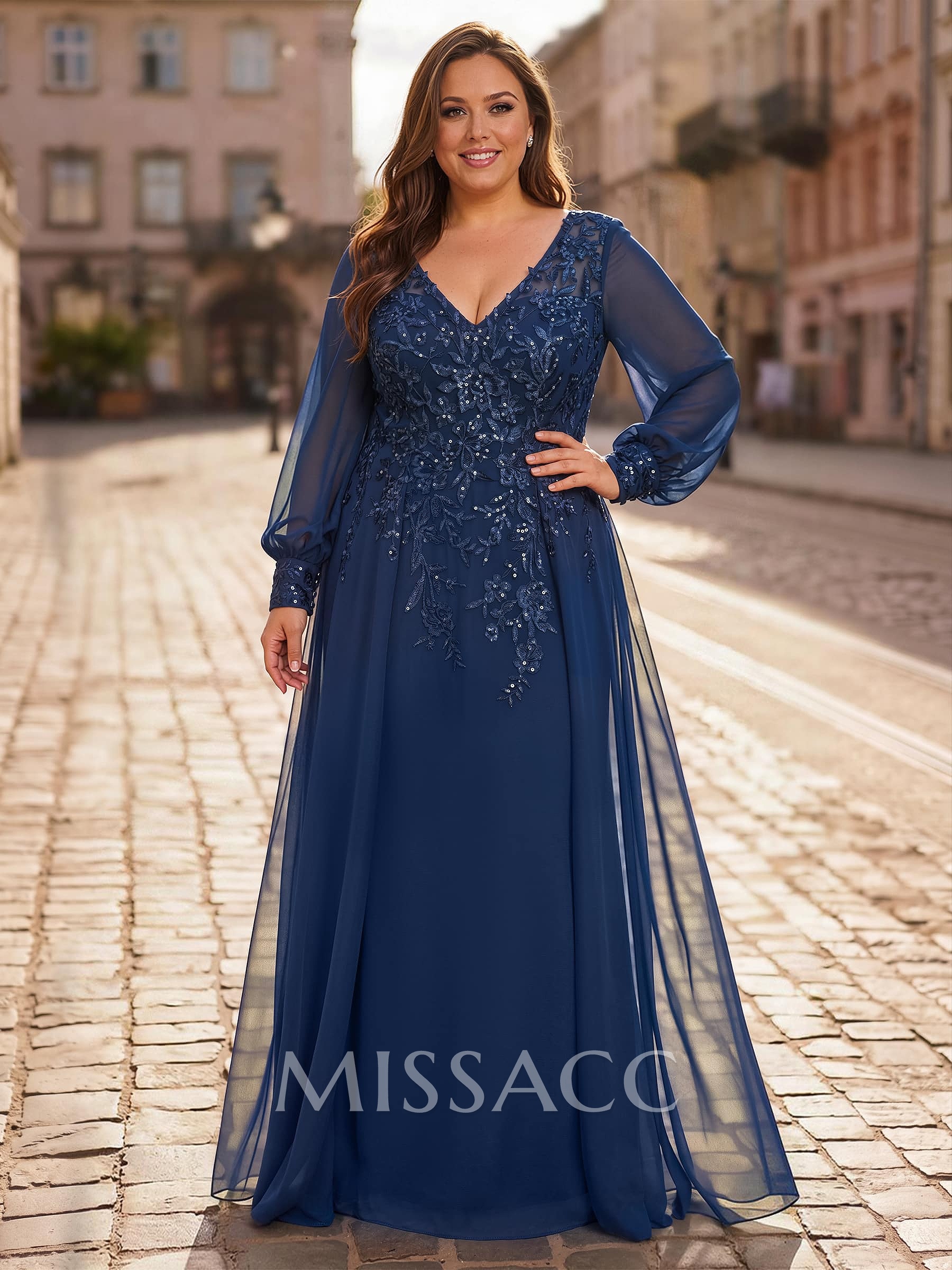 A-Line V-Neck Long Sleeves Floor-Length Chiffon Mother Of The Bride Dresses With Lace