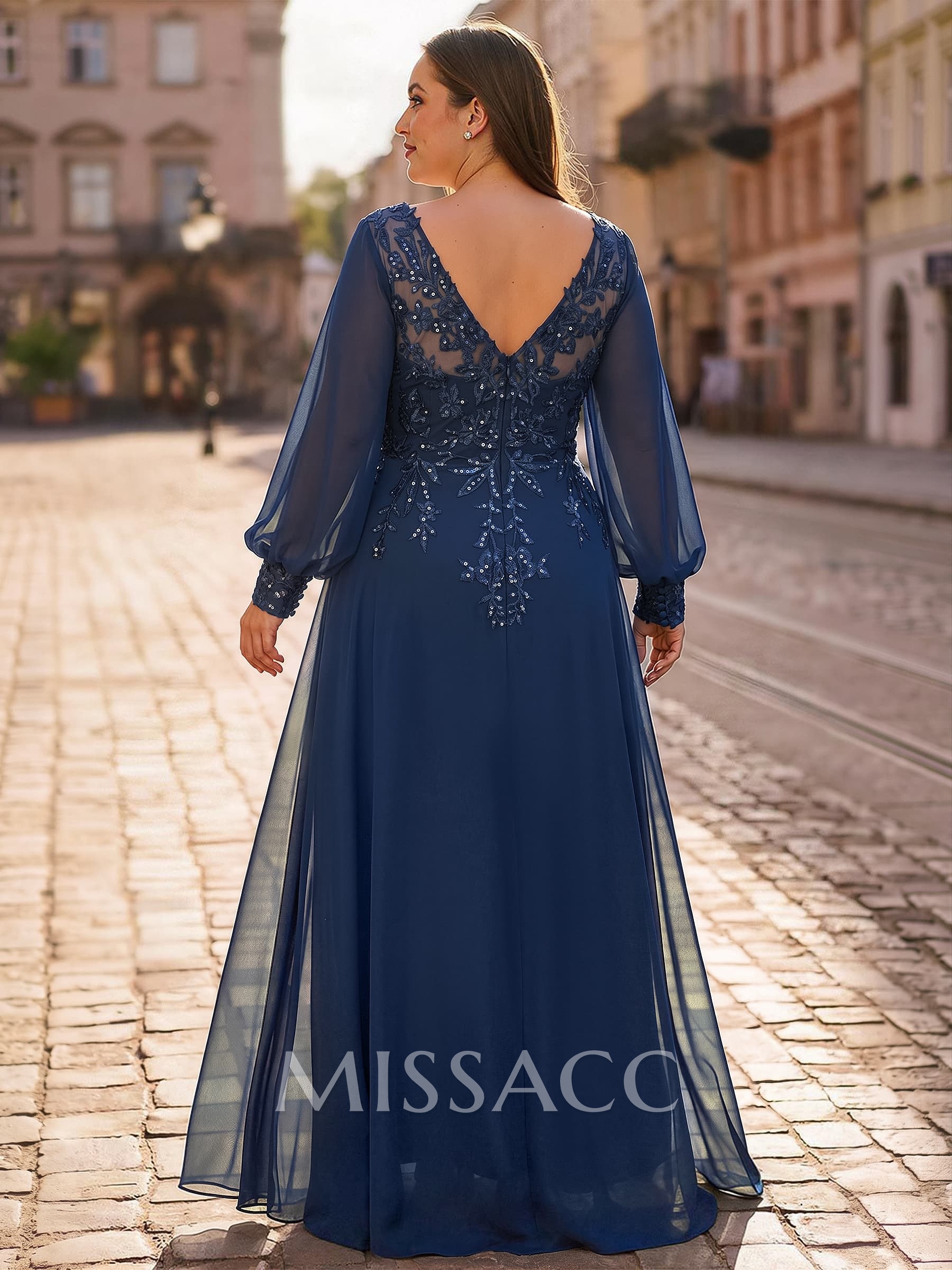 A-Line V-Neck Long Sleeves Floor-Length Chiffon Mother Of The Bride Dresses With Lace