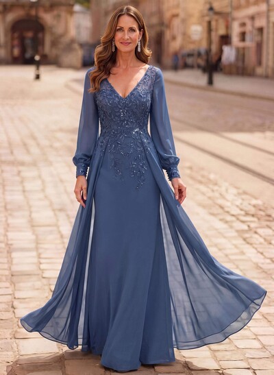 A-Line V-Neck Long Sleeves Floor-Length Chiffon Mother Of The Bride Dresses With Lace