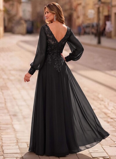 A-Line V-Neck Long Sleeve Floor-Length Chiffon Mother Of The Bride Dresses With Lace
