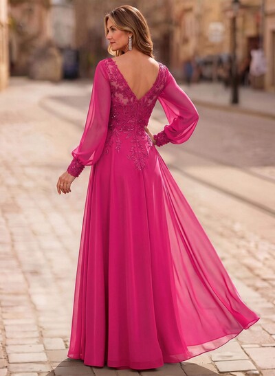 A-Line V-Neck Long Sleeves Floor-Length Chiffon Mother Of The Bride Dresses With Lace