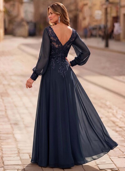 A-Line V-Neck Long Sleeve Floor-Length Chiffon Mother Of The Bride Dresses With Lace