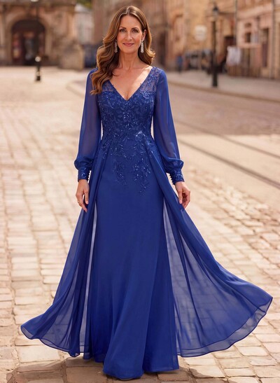 A-Line V-Neck Long Sleeves Floor-Length Chiffon Mother Of The Bride Dresses With Lace