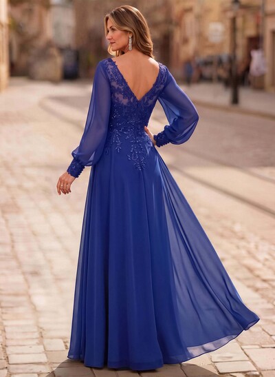 A-Line V-Neck Long Sleeves Floor-Length Chiffon Mother Of The Bride Dresses With Lace