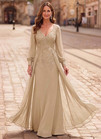 A-Line V-Neck Long Sleeves Floor-Length Chiffon Mother Of The Bride Dresses With Lace