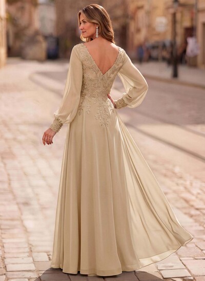 A-Line V-Neck Long Sleeves Floor-Length Chiffon Mother Of The Bride Dresses With Lace