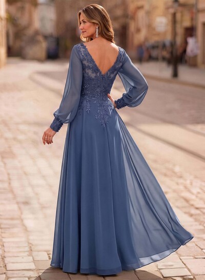 A-Line V-Neck Long Sleeves Floor-Length Chiffon Mother Of The Bride Dresses With Lace