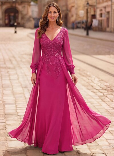 A-Line V-Neck Long Sleeves Floor-Length Chiffon Mother Of The Bride Dresses With Lace