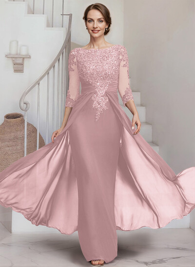 Sheath/Column Scoop Neck 3/4 Sleeves Chiffon Mother Of The Bride Dresses With Lace