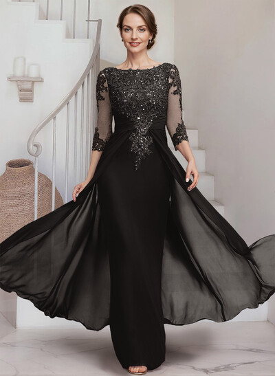Sheath/Column Scoop Neck 3/4 Sleeves Chiffon Mother Of The Bride Dresses With Lace