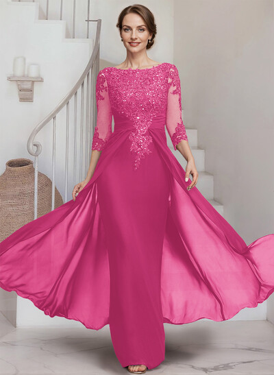 Sheath/Column Scoop Neck 3/4 Sleeves Chiffon Mother Of The Bride Dresses With Lace