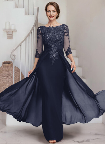 Sheath/Column Scoop Neck 3/4 Sleeves Chiffon Mother Of The Bride Dresses With Lace