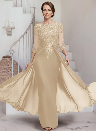Sheath/Column Scoop Neck 3/4 Sleeves Chiffon Mother Of The Bride Dresses With Lace