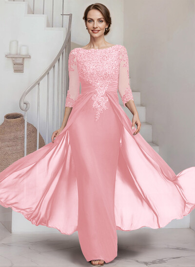 Sheath/Column Scoop Neck 3/4 Sleeves Chiffon Mother Of The Bride Dresses With Lace