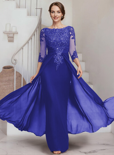 Sheath/Column Scoop Neck 3/4 Sleeves Chiffon Mother Of The Bride Dresses With Lace