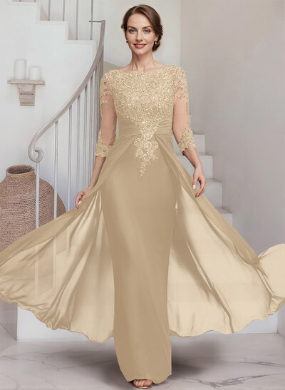 Sheath/Column Scoop Neck 3/4 Sleeves Chiffon Mother Of The Bride Dresses With Lace