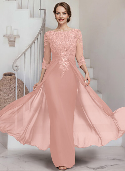 Sheath/Column Scoop Neck 3/4 Sleeves Chiffon Mother Of The Bride Dresses With Lace